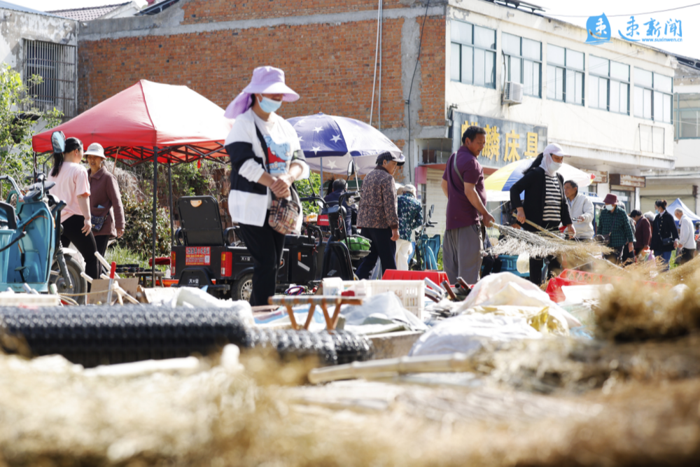 5月4日,在泗洪县界集镇的农贸市场上,扫把,铁叉,镰刀等小农具一应俱全